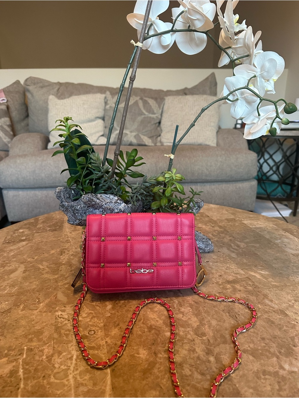 bebe Pink Quilted Chain Strap Crossbody Bag